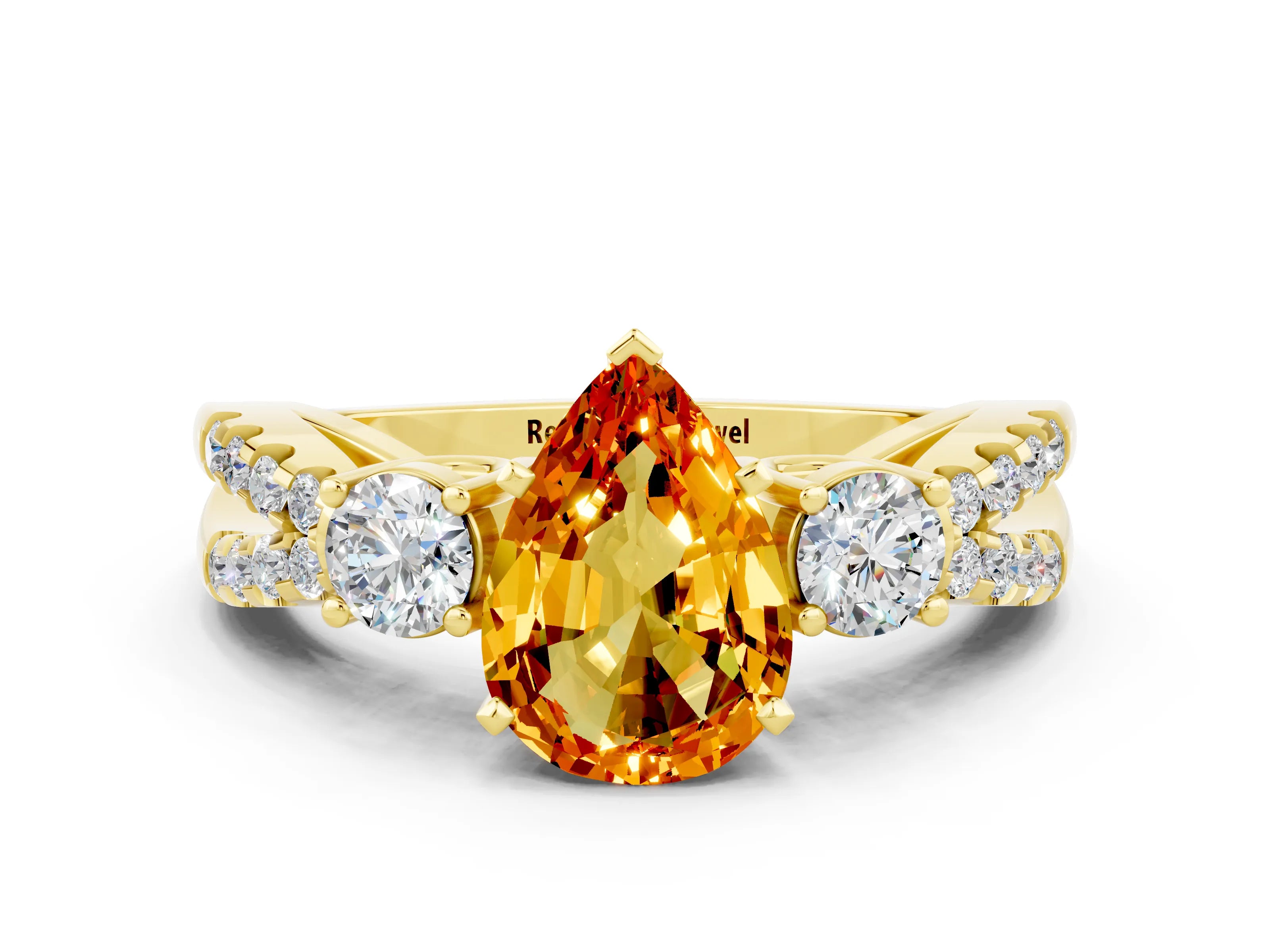 Yellow gold Pear Cut Citrine Three-Stone Ring with Pavé Split Shank and Four-Prong Setting_12