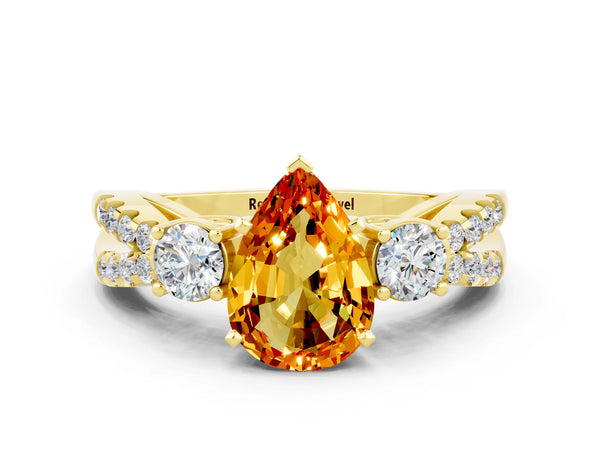 Yellow gold Pear Cut Citrine Three-Stone Ring with Pavé Split Shank and Four-Prong Setting