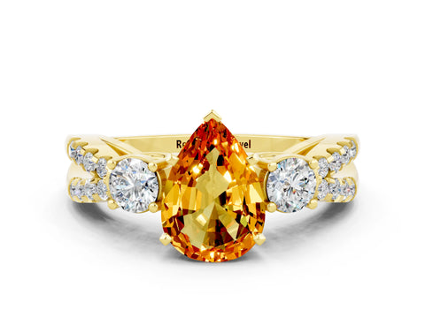 Yellow gold Pear Cut Citrine Three-Stone Ring with Pavé Split Shank and Four-Prong Setting_12