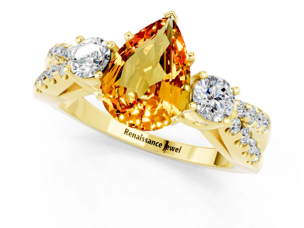 Yellow gold Pear Cut Citrine Three-Stone Ring with Pavé Split Shank and Four-Prong Setting