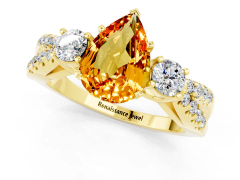 Yellow gold Pear Cut Citrine Three-Stone Ring with Pavé Split Shank and Four-Prong Setting_13