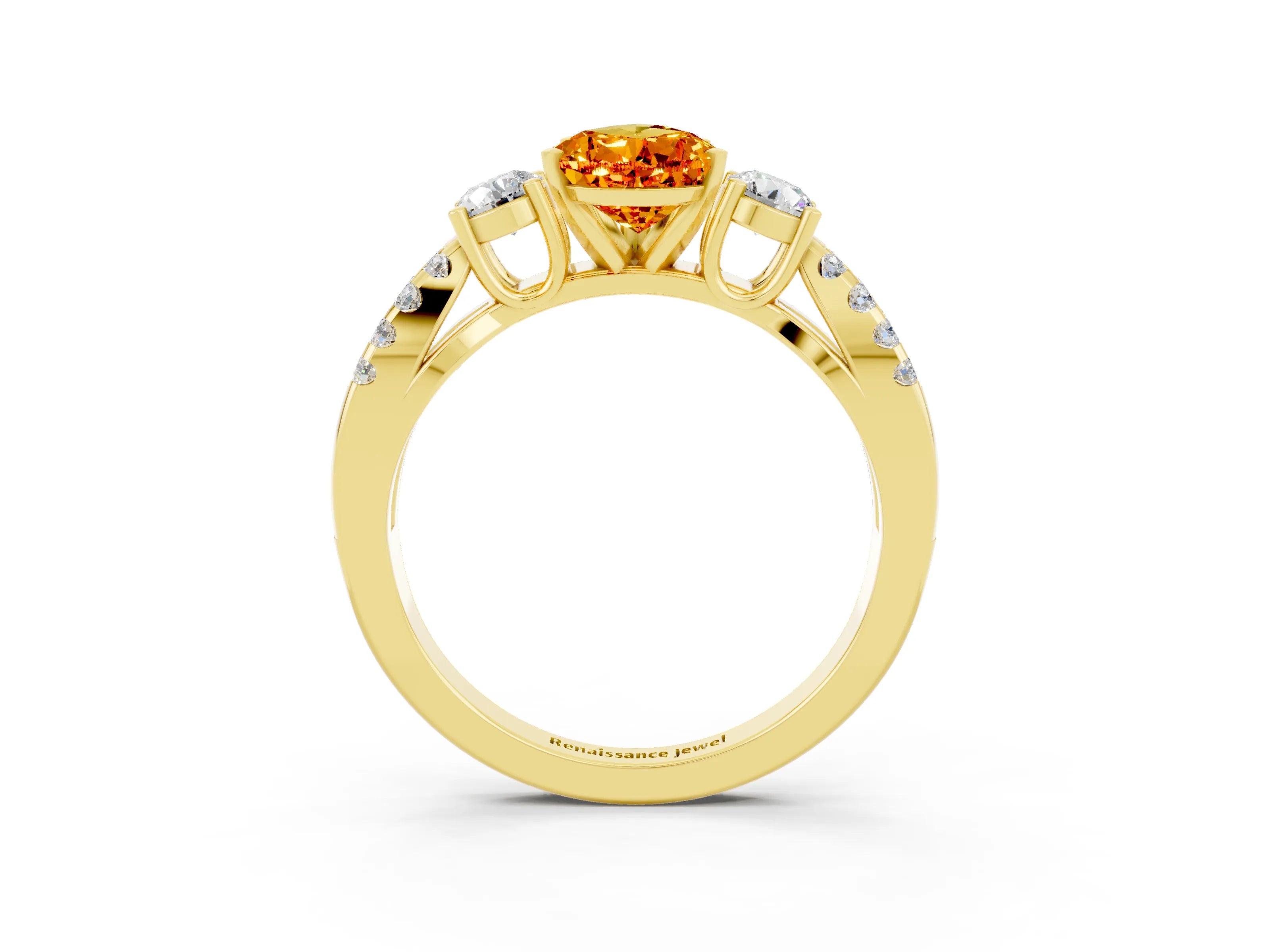 Yellow gold Pear Cut Citrine Three-Stone Ring with Pavé Split Shank and Four-Prong Setting_15
