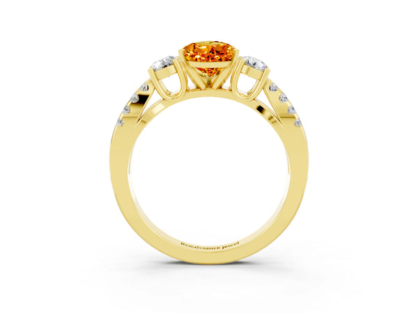 Yellow gold Pear Cut Citrine Three-Stone Ring with Pavé Split Shank and Four-Prong Setting