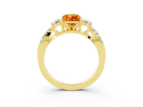 Yellow gold Pear Cut Citrine Three-Stone Ring with Pavé Split Shank and Four-Prong Setting_15