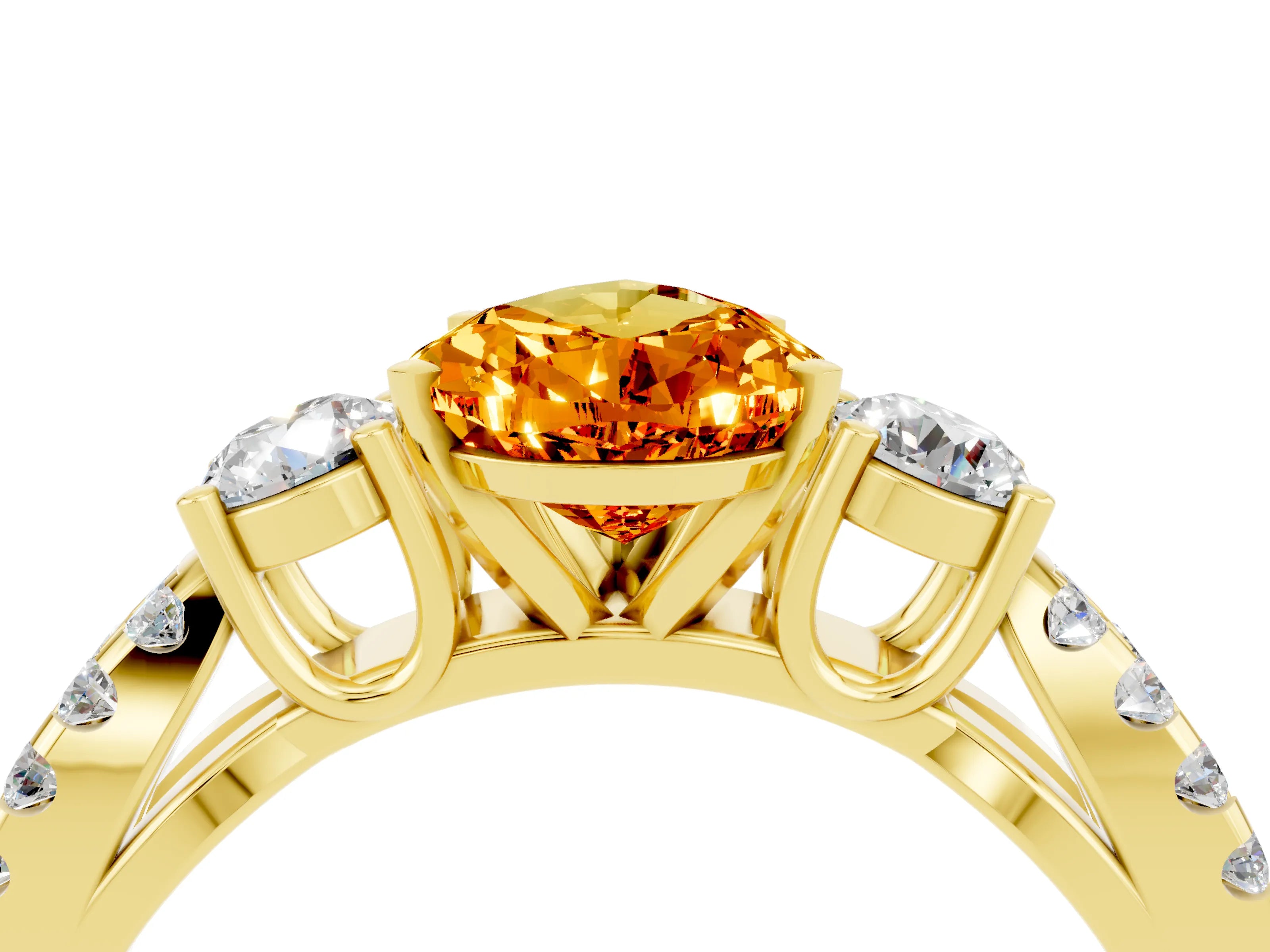 Yellow gold Pear Cut Citrine Three-Stone Ring with Pavé Split Shank and Four-Prong Setting_16