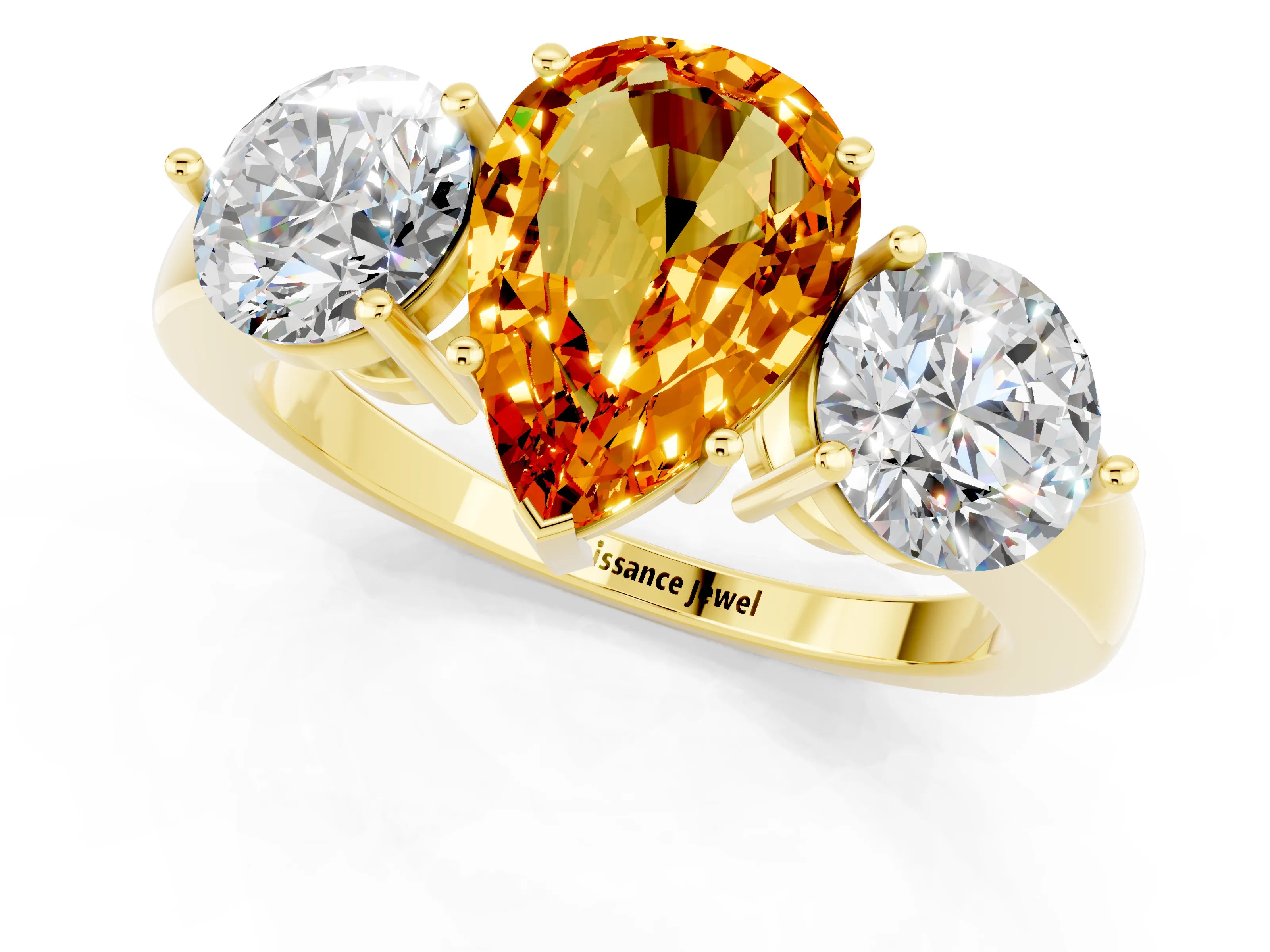 Yellow gold Pear Cut Citrine Three-Stone Ring with Prong Setting and Classic Band_1