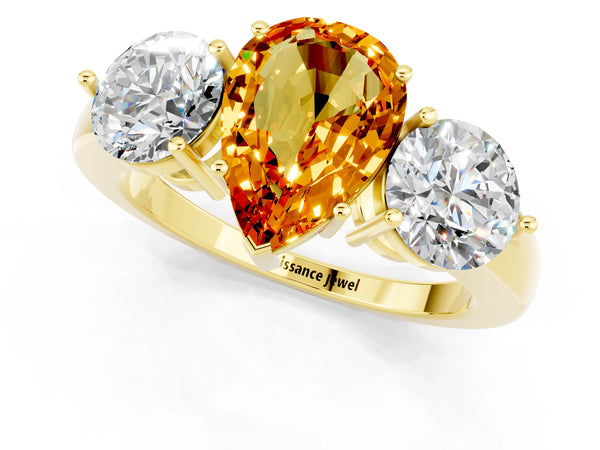 Yellow gold Pear Cut Citrine Three-Stone Ring with Prong Setting and Classic Band