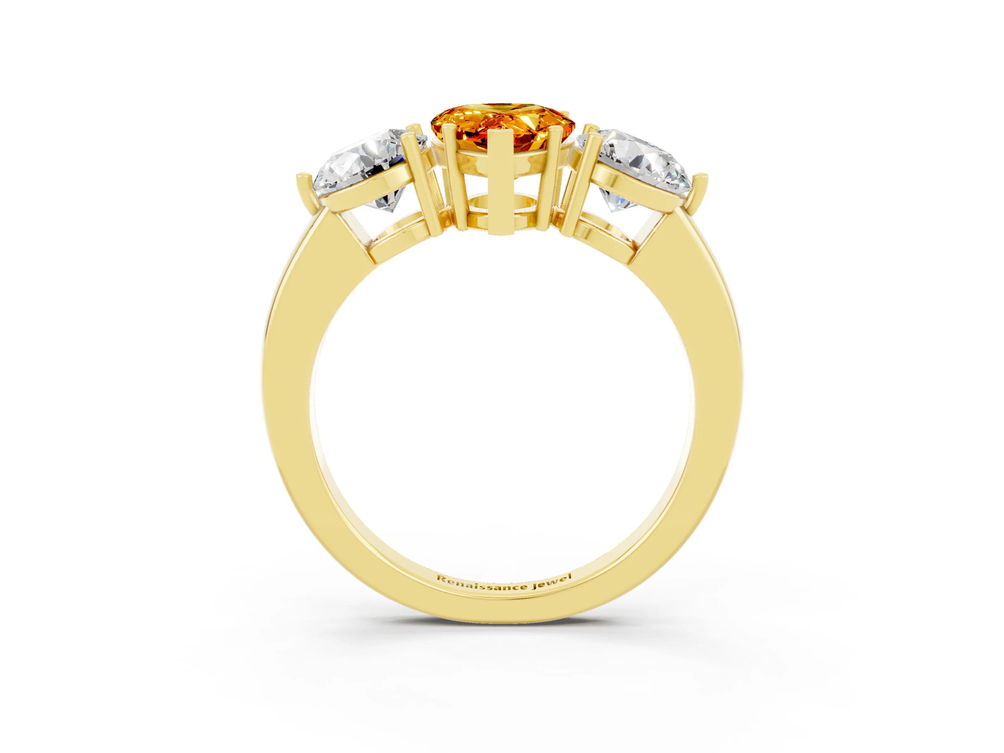 Yellow gold Pear Cut Citrine Three-Stone Ring with Prong Setting and Classic Band_3