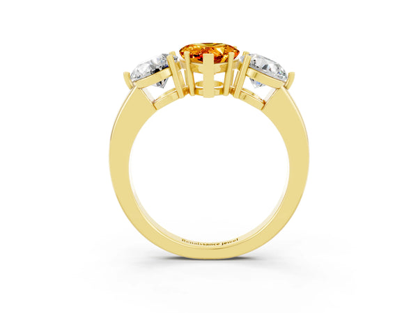Yellow gold Pear Cut Citrine Three-Stone Ring with Prong Setting and Classic Band
