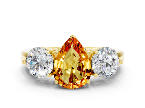 Yellow gold Pear Cut Citrine Three-Stone Ring with Prong Setting and Classic Band