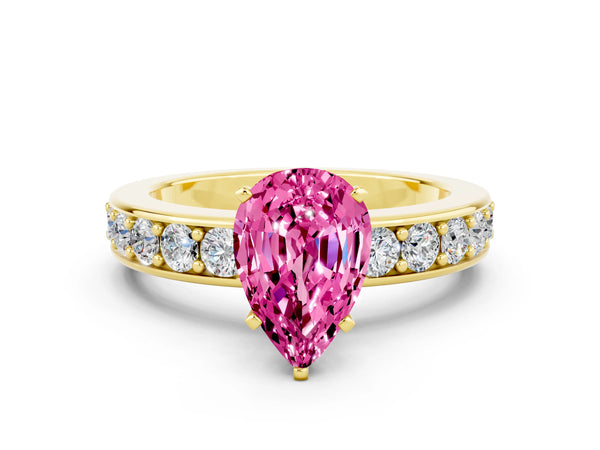 Yellow gold Pear Cut Pink Sapphire Engagement Ring with Channel Set Round  Band and Prong Setting