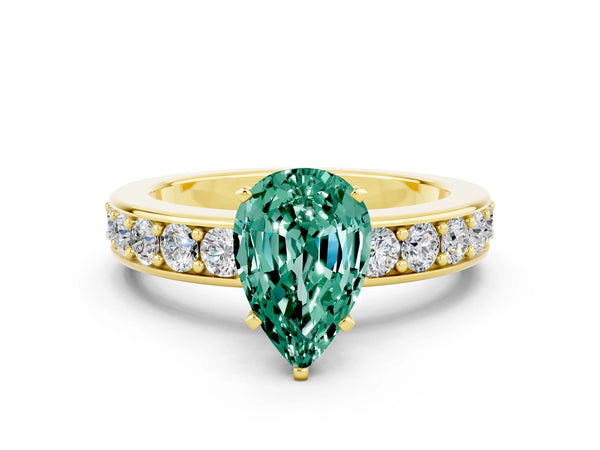 Yellow gold Pear Cut Green Sapphire Engagement Ring with Channel Set Round  Band and Prong Setting