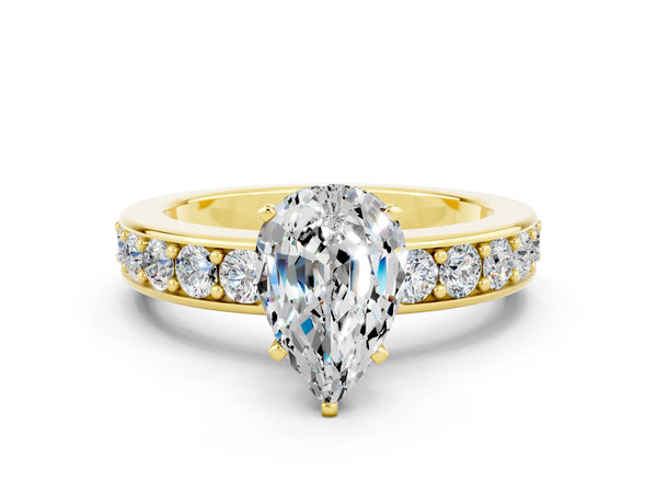 Yellow gold Pear Cut Moissanite Engagement Ring with Channel Set Round  Band and Prong Setting