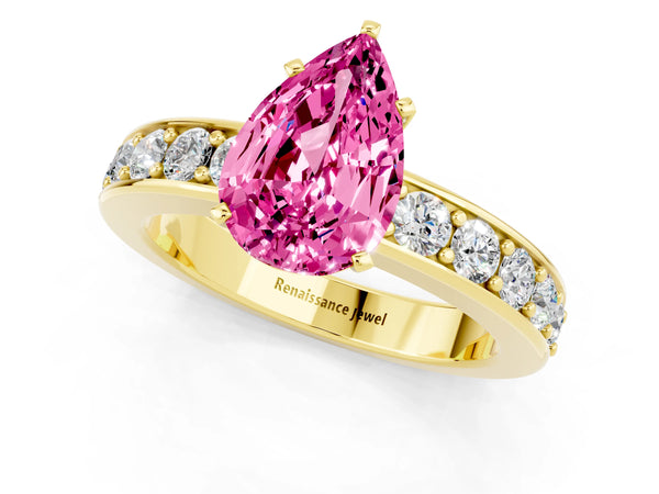 Yellow gold Pear Cut Pink Sapphire Engagement Ring with Channel Set Round  Band and Prong Setting