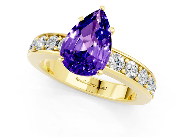 Yellow gold Pear Cut Tanzanite Engagement Ring with Channel Set Round  Band and Prong Setting