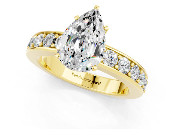 Yellow gold Pear Cut Moissanite Engagement Ring with Channel Set Round  Band and Prong Setting