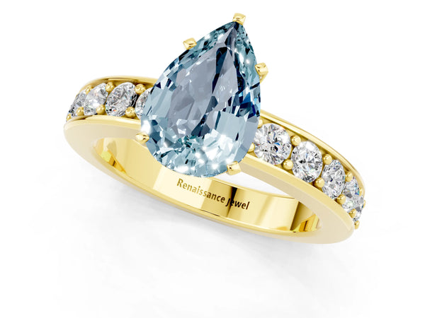 Yellow gold Pear Cut Aquamarine Engagement Ring with Channel Set Round  Band and Prong Setting
