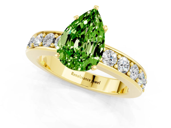 Yellow gold Pear Cut Peridot Engagement Ring with Channel Set Round  Band and Prong Setting