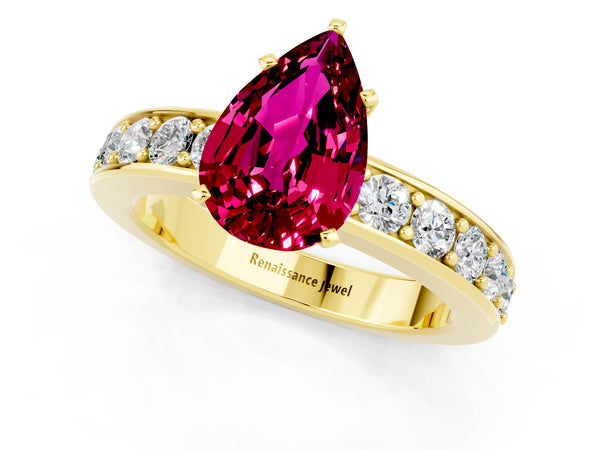 Yellow gold Pear Cut Garnet Engagement Ring with Channel Set Round  Band and Prong Setting