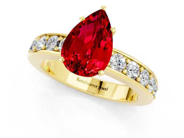Yellow gold Pear Cut Ruby Engagement Ring with Channel Set Round  Band and Prong Setting