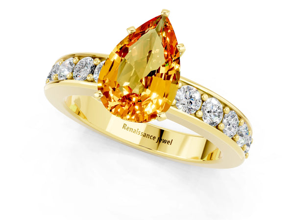 Yellow gold Pear Cut Citrine Engagement Ring with Channel Set Round  Band and Prong Setting