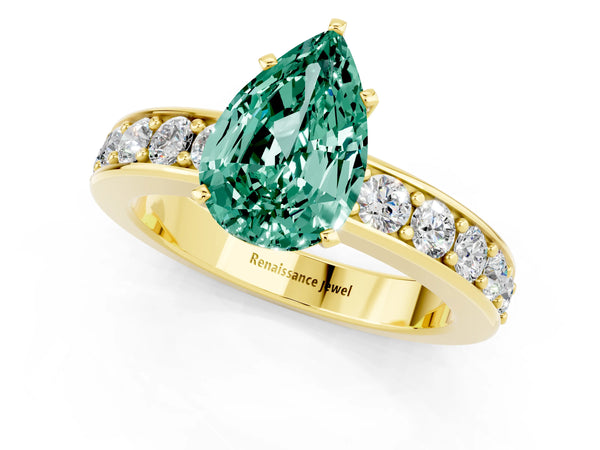 Yellow gold Pear Cut Green Sapphire Engagement Ring with Channel Set Round  Band and Prong Setting
