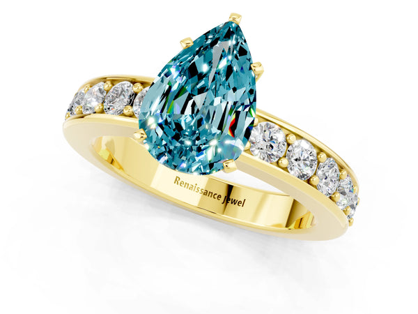 Yellow gold Pear Cut Blue Topaz Engagement Ring with Channel Set Round  Band and Prong Setting