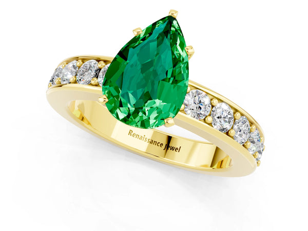 Yellow gold Pear Cut Emerald Engagement Ring with Channel Set Round  Band and Prong Setting