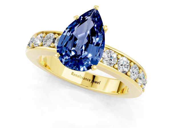 Yellow gold Pear Cut Blue Sapphire Engagement Ring with Channel Set Round  Band and Prong Setting