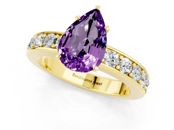 Yellow gold Pear Cut Amethyst Engagement Ring with Channel Set Round  Band and Prong Setting