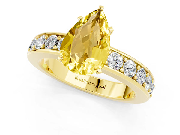 Yellow gold Pear Cut Yellow Sapphire Engagement Ring with Channel Set Round  Band and Prong Setting