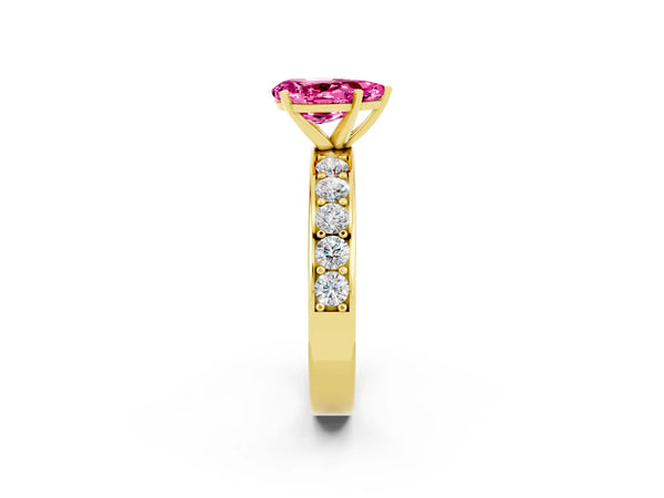 Yellow gold Pear Cut Pink Sapphire Engagement Ring with Channel Set Round  Band and Prong Setting