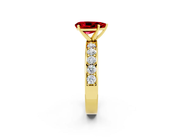 Yellow gold Pear Cut Ruby Engagement Ring with Channel Set Round  Band and Prong Setting