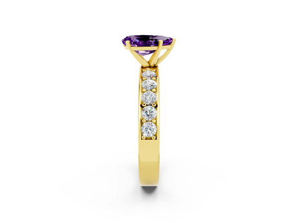 Yellow gold Pear Cut Amethyst Engagement Ring with Channel Set Round  Band and Prong Setting