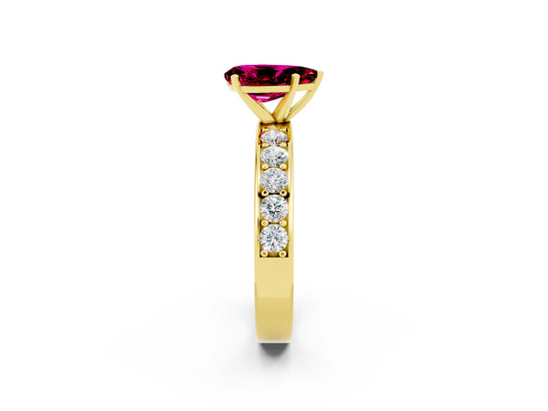 Yellow gold Pear Cut Garnet Engagement Ring with Channel Set Round  Band and Prong Setting