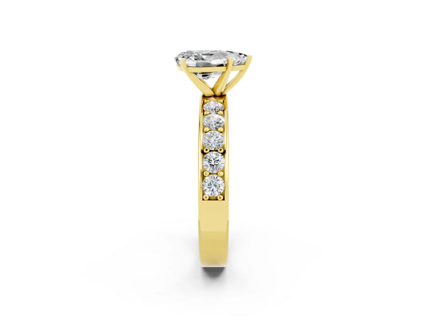 Yellow gold Pear Cut Moissanite Engagement Ring with Channel Set Round  Band and Prong Setting