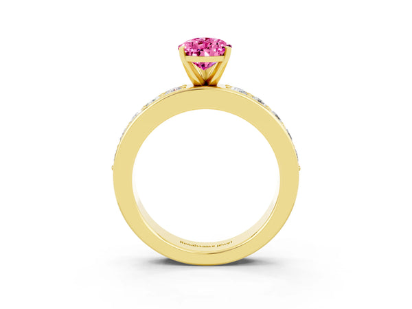 Yellow gold Pear Cut Pink Sapphire Engagement Ring with Channel Set Round  Band and Prong Setting