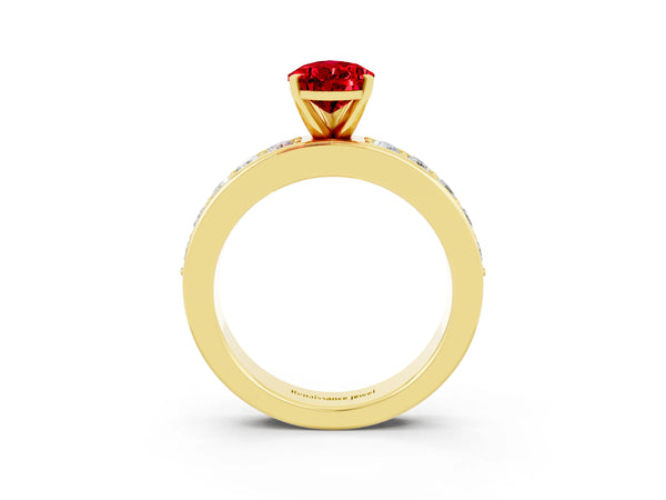 Yellow gold Pear Cut Ruby Engagement Ring with Channel Set Round  Band and Prong Setting