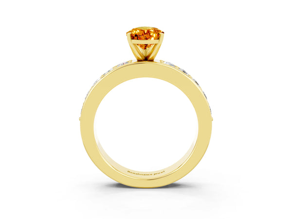 Yellow gold Pear Cut Citrine Engagement Ring with Channel Set Round  Band and Prong Setting