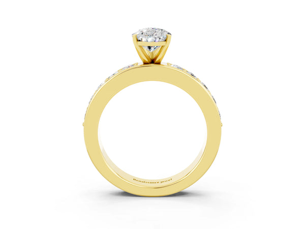 Yellow gold Pear Cut Moissanite Engagement Ring with Channel Set Round  Band and Prong Setting