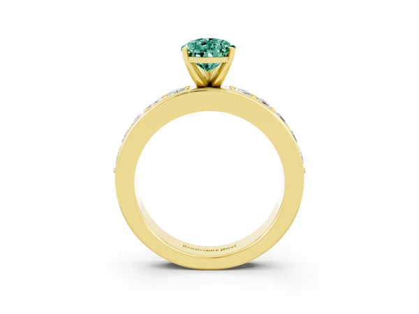 Yellow gold Pear Cut Green Sapphire Engagement Ring with Channel Set Round  Band and Prong Setting