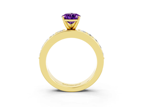 Yellow gold Pear Cut Amethyst Engagement Ring with Channel Set Round  Band and Prong Setting