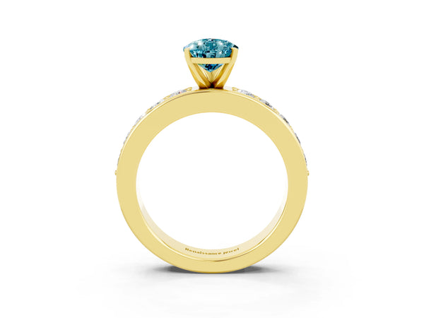 Yellow gold Pear Cut Blue Topaz Engagement Ring with Channel Set Round  Band and Prong Setting