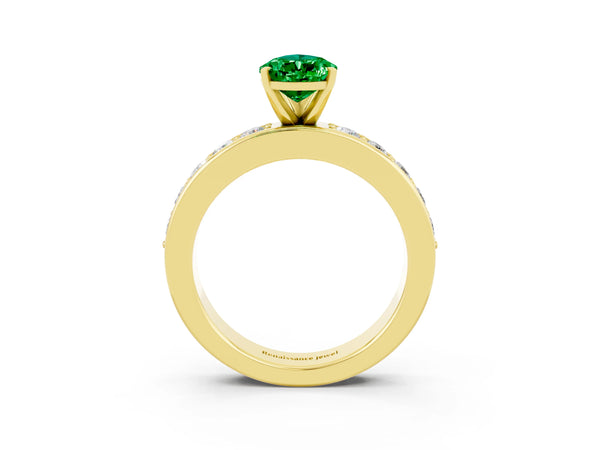 Yellow gold Pear Cut Emerald Engagement Ring with Channel Set Round  Band and Prong Setting