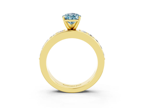 Yellow gold Pear Cut Aquamarine Engagement Ring with Channel Set Round  Band and Prong Setting