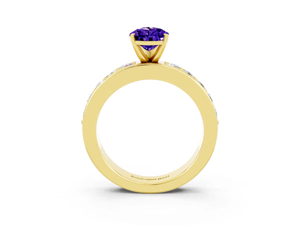 Yellow gold Pear Cut Tanzanite Engagement Ring with Channel Set Round  Band and Prong Setting