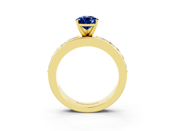 Yellow gold Pear Cut Blue Sapphire Engagement Ring with Channel Set Round  Band and Prong Setting