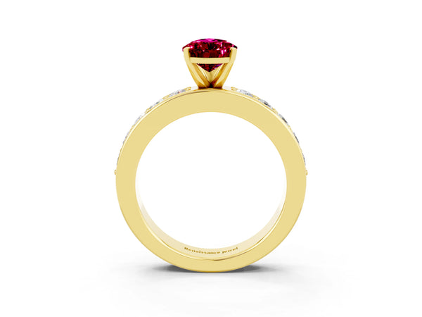 Yellow gold Pear Cut Garnet Engagement Ring with Channel Set Round  Band and Prong Setting