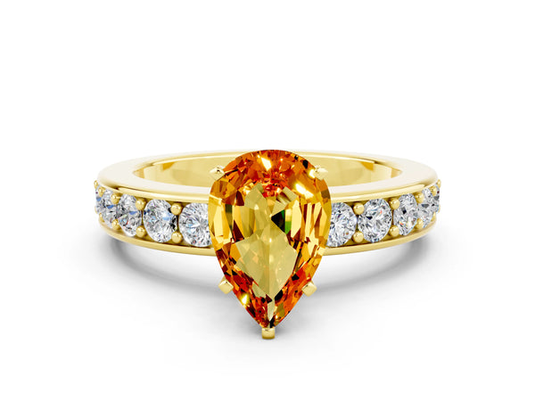 Yellow gold Pear Cut Citrine Engagement Ring with Channel Set Round  Band and Prong Setting