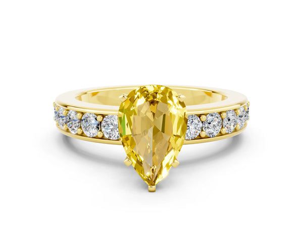 Yellow gold Pear Cut Yellow Sapphire Engagement Ring with Channel Set Round  Band and Prong Setting